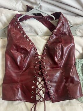 Windsor Burgundy Lace-Up Faux Leather Halter Top